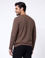 Brown Textured Jacquard Long Sleeve Henley T-Shirt