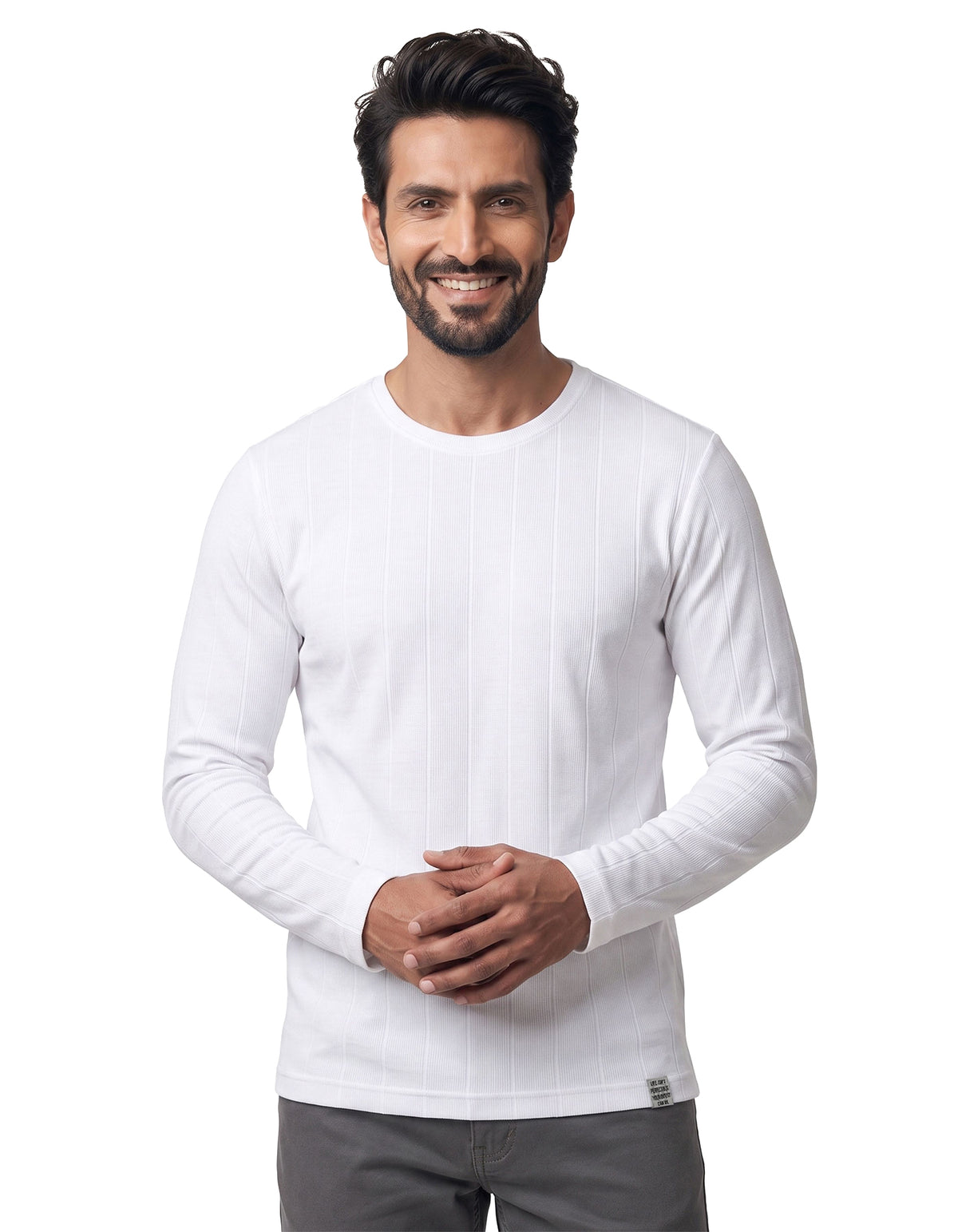 White Textured Long Sleeve Crew Neck T-Shirt