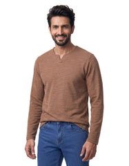 Camel Textured Long Sleeve Notch Neck T-Shirt