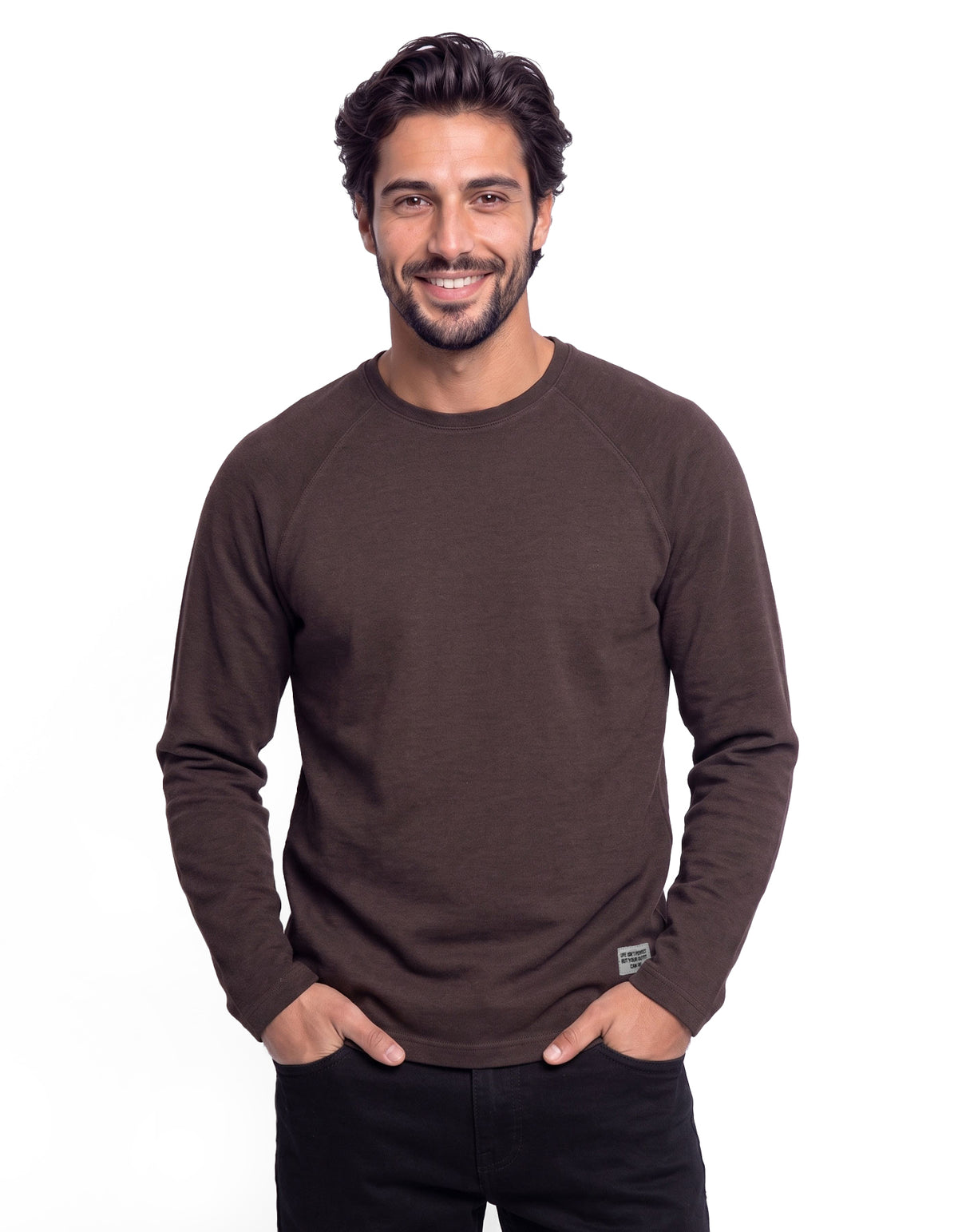 Brown Textured Long Sleeve Crew Neck T-Shirt