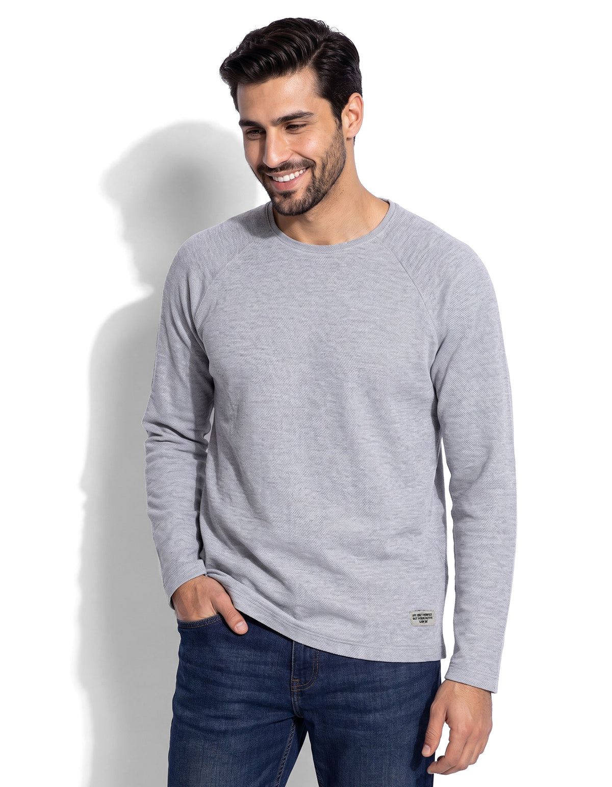 Heather Grey Textured Long Sleeve Crew Neck T-Shirt