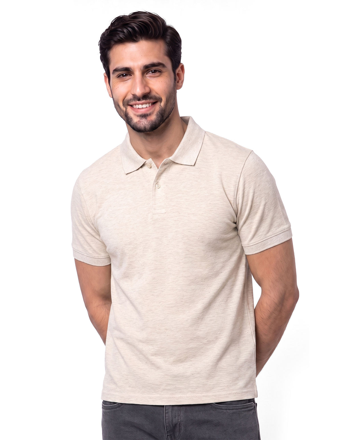 Oatmeal Melange Plain Pique Polo Shirt