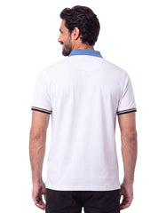 White Contrast Collar Embroidered Pique Polo Shirt