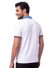 White Contrast Collar Embroidered Pique Polo Shirt