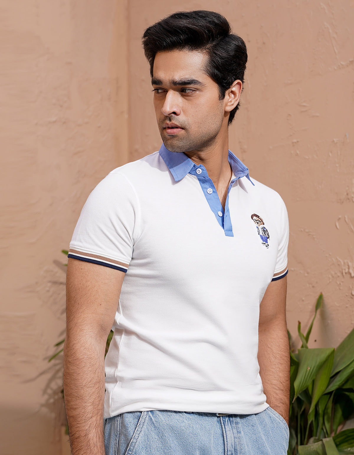 White Contrast Collar Embroidered Pique Polo Shirt