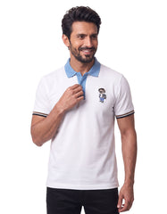 White Contrast Collar Embroidered Pique Polo Shirt