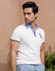 White Contrast Collar Embroidered Pique Polo Shirt