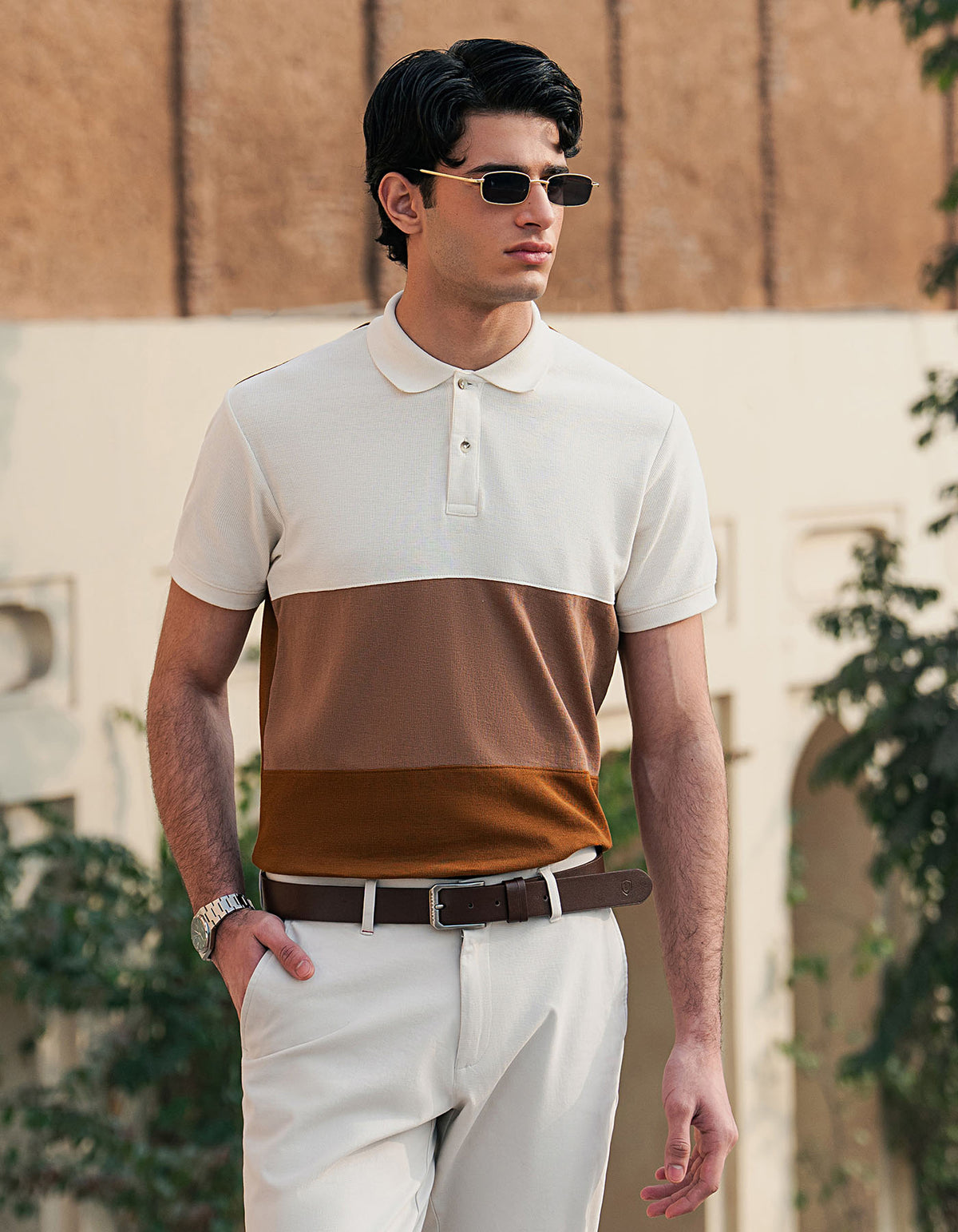 Brown Textured Color Block Polo Shirt