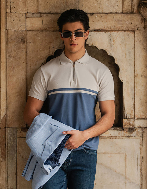 Aura Blue Textured Color Block Polo Shirt