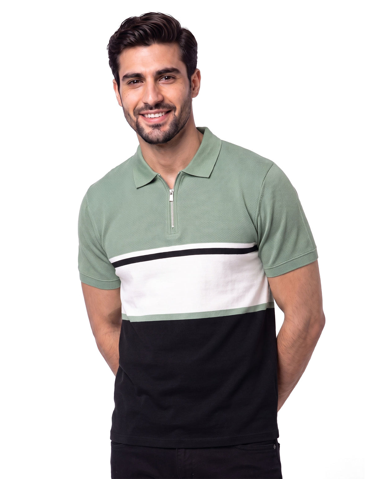 Olive Textured Color Block Polo Shirt