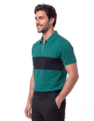Teal Textured Color Block Zipper Polo Shirt