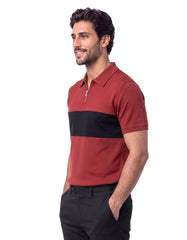 Oxblood Textured Color Block Zipper Polo Shirt