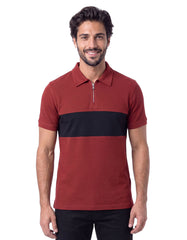 Oxblood Textured Color Block Zipper Polo Shirt