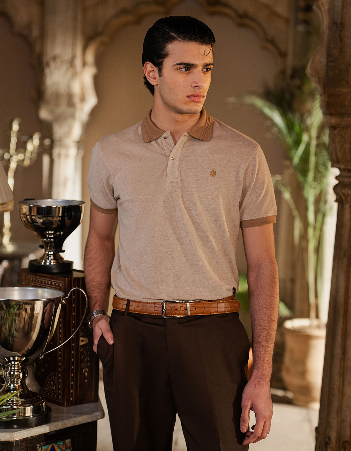 Camel Plain Pique Polo Shirt