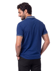 E Blue Textured Contrast Collar Polo Shirt