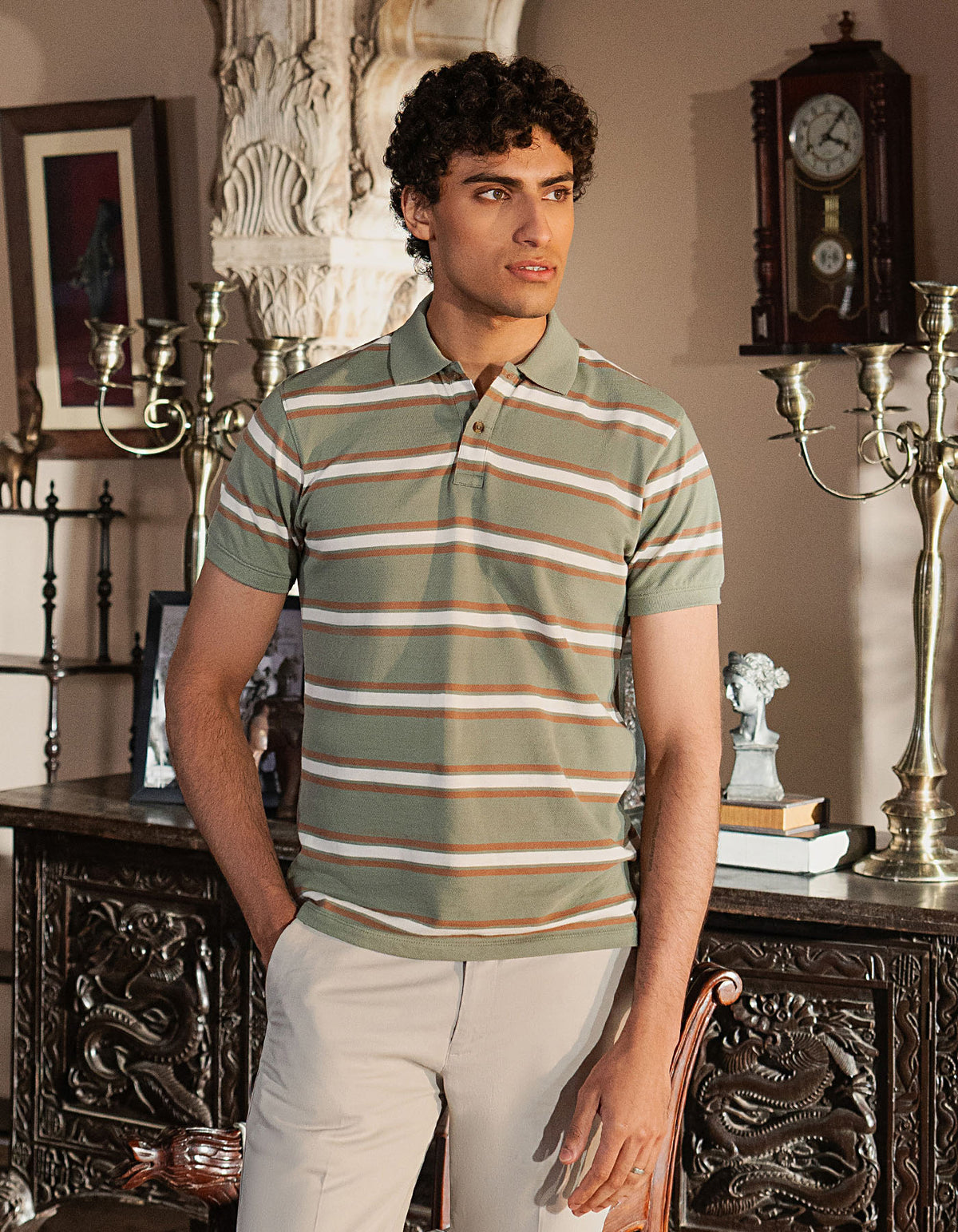 Olive Stripe Pique Polo Shirt