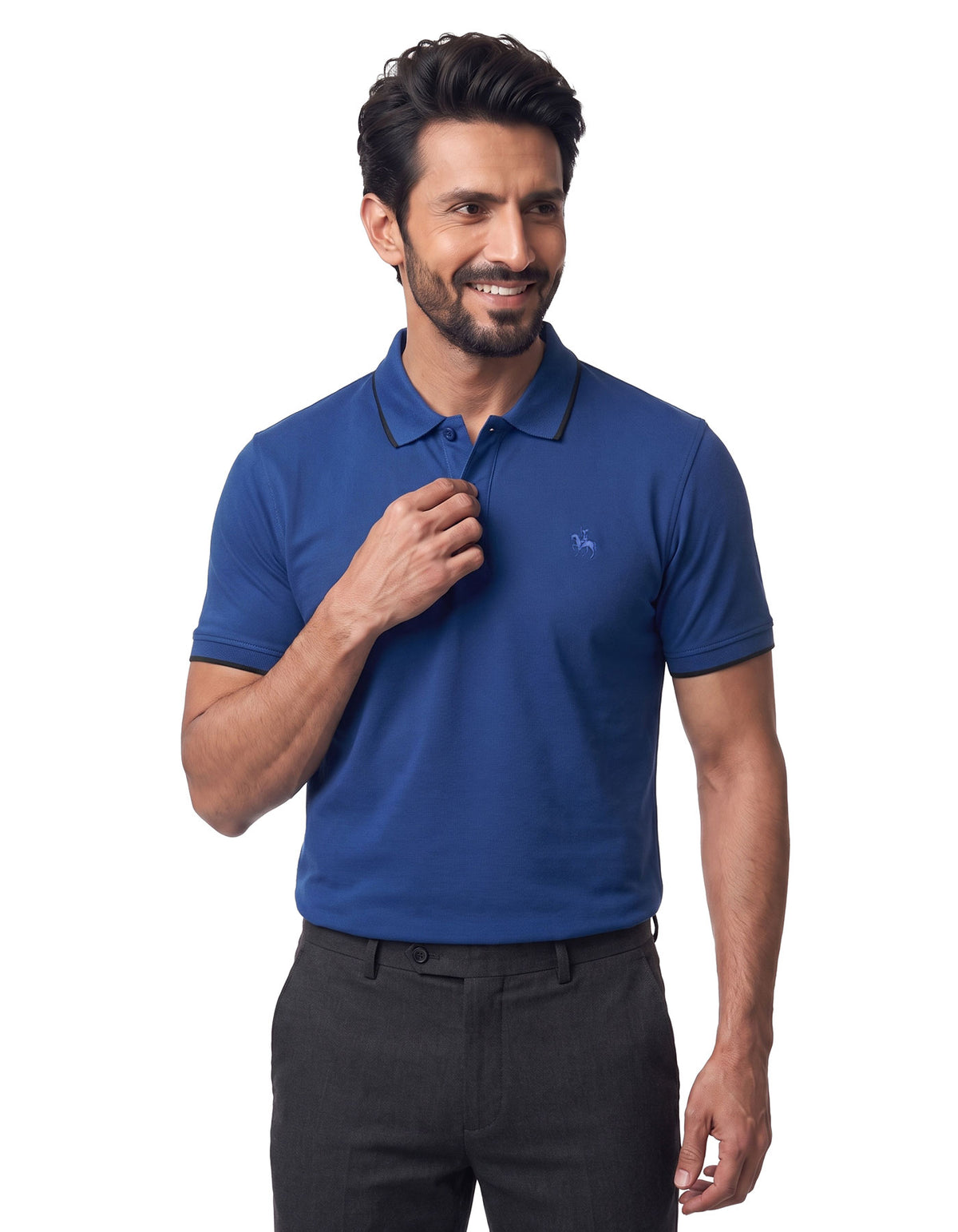 E Blue Plain Pique Polo Shirt