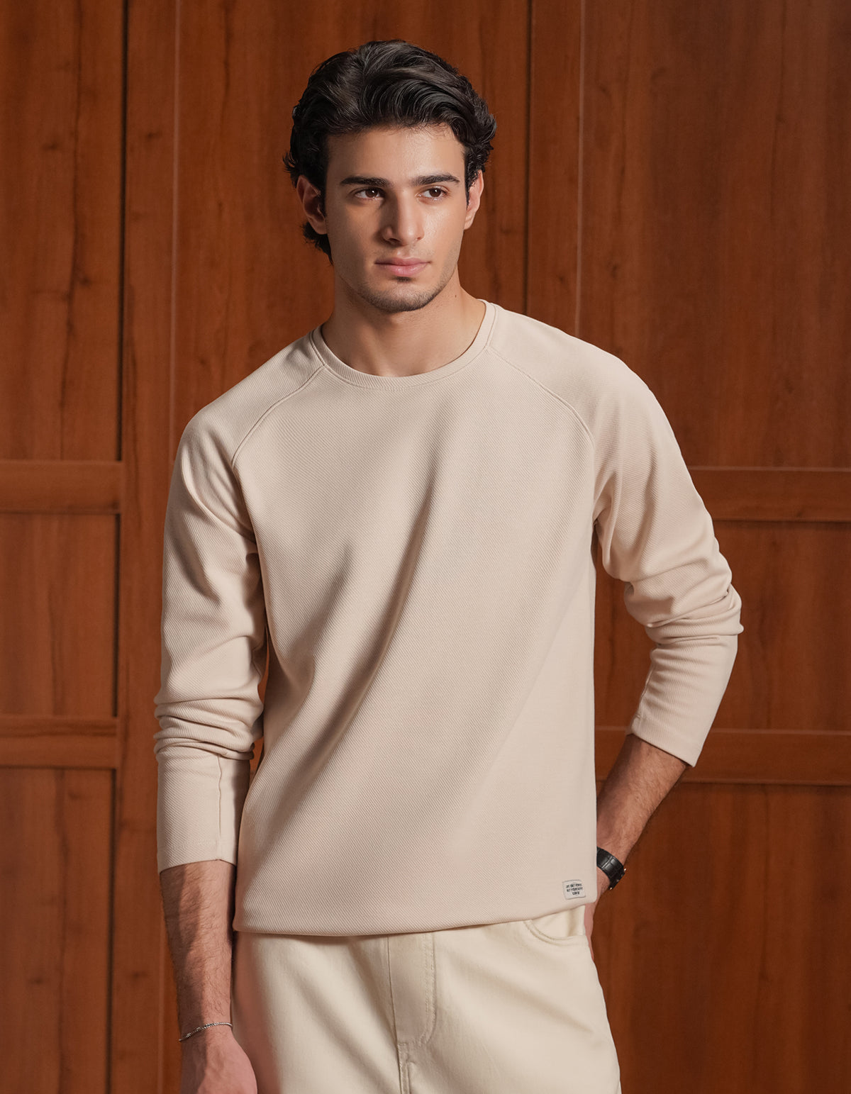 Off White Textured Long Sleeve Crew Neck T-Shirt