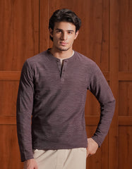Maroon Textured Long Sleeve Henley T-Shirt