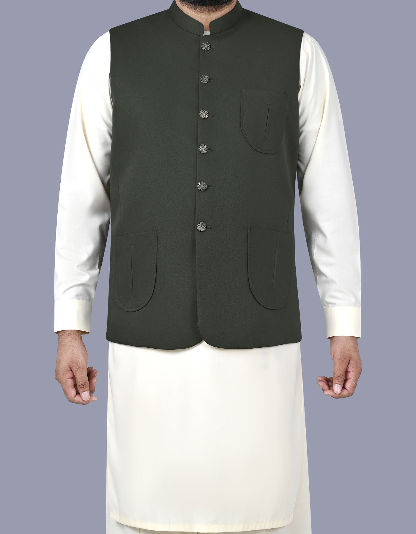D Olive Plain Waist Coat WC2517-2C-34