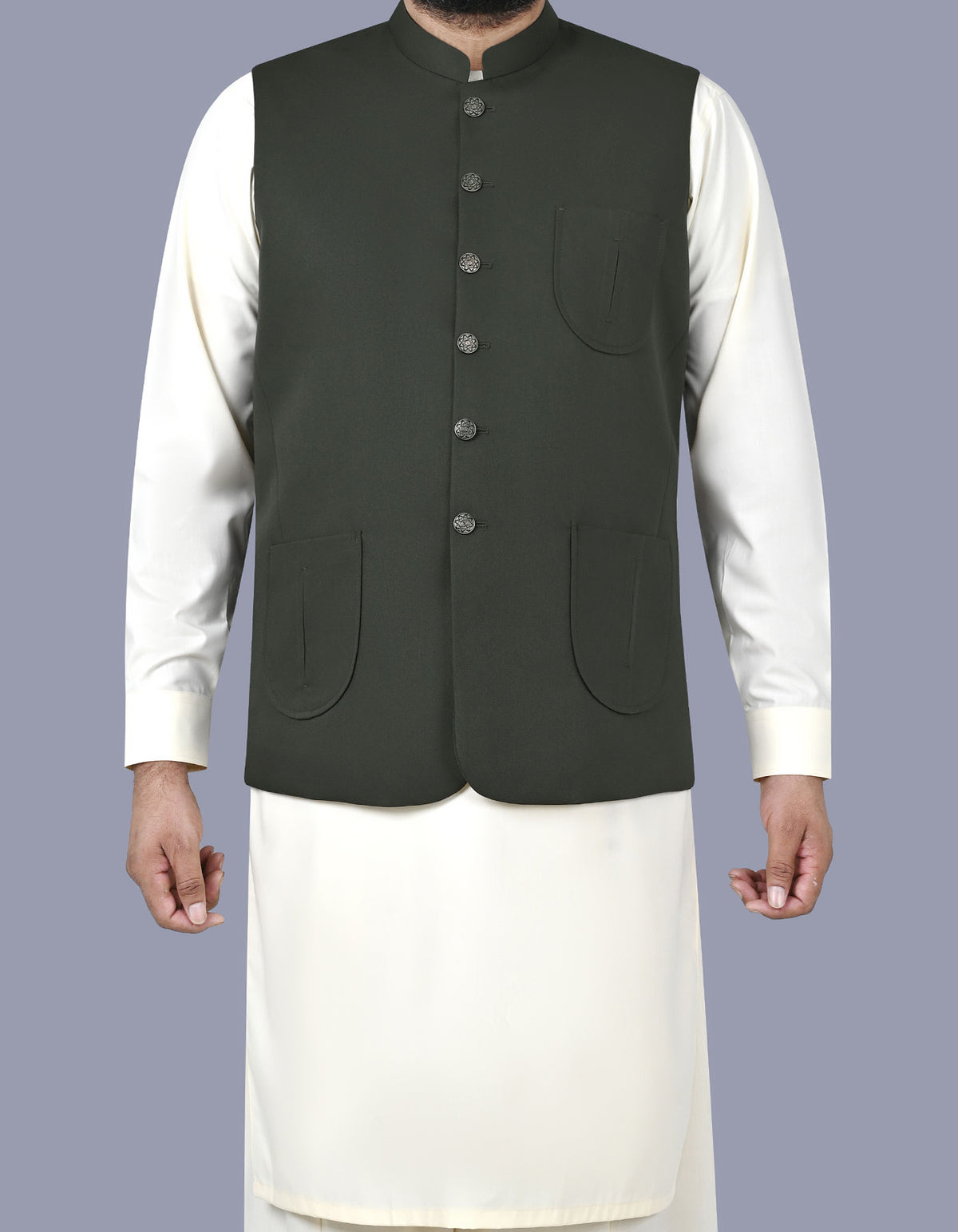 D Olive Plain Waist Coat WC2517-2C-34
