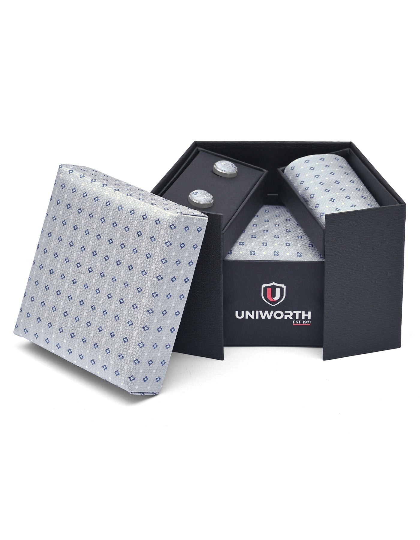 Silver Geometric Cufflink Tie Set